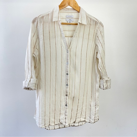 H by Halston Tops - H by Halston Beige Striped Linen Button-Up Shirt Size M
